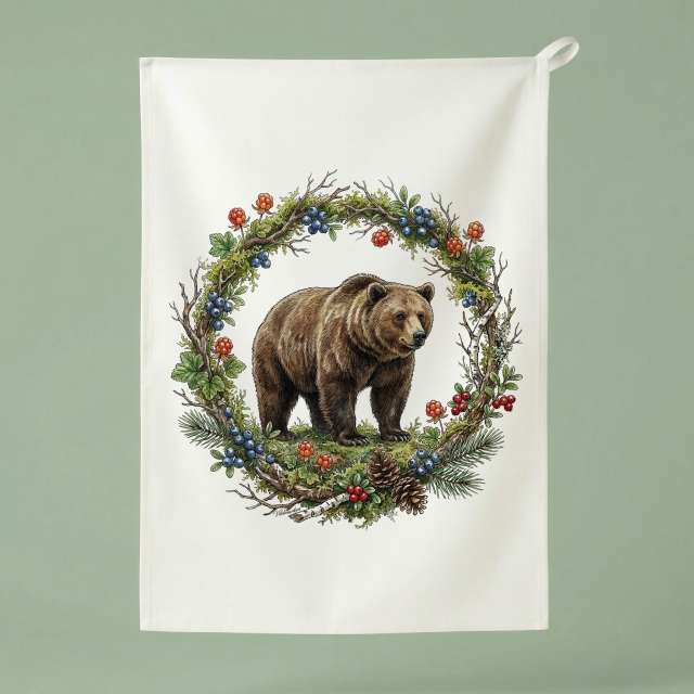 Ruskea karhu luonnon seppeleessä - keittiöpyyhe 50x70 cm